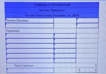 GUWARA CORPORATION
Income Statement
For the Year Ended December 31, 2024
Service Revenue
Expenses:
Total Expenses
699
$
0
0