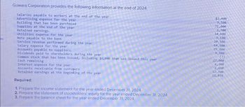 Guwara Corporation provides the following information at the end of 2024
Salaries payable to workers at the end of the year
Advertising expense for the year.
Building that has been purchased
Supplies at the end of the year
Retained earnings
Utilities expense for the year
Note payable to the bank
Service revenue performed during the year
Salary expense for the year
Accounts payable to suppliers
Dividends paid to shareholders during the year
Common stock that has been issued, including $6,000 that was issued this year.
Cash remaining
Interest expense for the year
Accounts receivable from customers
Retained earnings at the beginning of the year
Required:
1. Prepare the income statement for the year ended December 31, 2024.
2. Prepare the statement of stockholders' equity for the year ended December 31, 2024
3. Prepare the balance sheet for the year ended December 31, 2024
$2,400
9,500
71,000
3,700
34,600
5,100
20,500
64,900
25,800
6,800
(2)
27,000
4,300
1,650
12,300
21,850