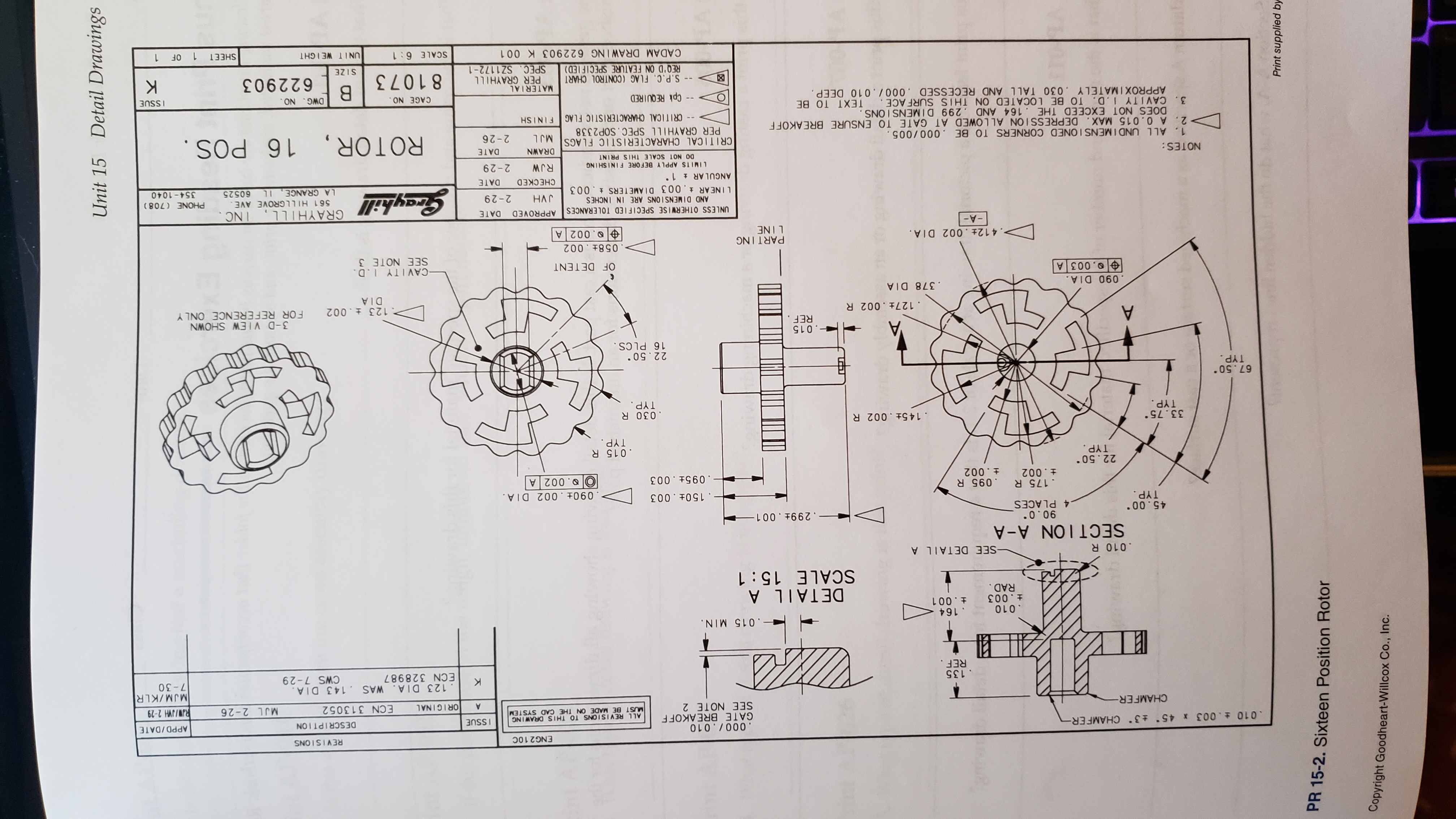 Detail Drawings
Unit 15
E
Print supplied by
PR 15-2. Sixteen Position Rotor
Copyright Goodheart-Willcox Co., Inc.
ENG2 10C
REVISIONS
.000/ .010
GATE BREAKOFF
SEE NOTE 2
.010 003 * 45 3 CHAMF ER-
SSUE
DESCRIPTION
APPD/DATE
ALL REVISI ONS TO THIS DRAWING
MUST BE MADE ON THE CAD SYSTEM
RW/JVH 2-29
MJM/KLR
7-30
CHAMFER-
A
OR IGINAL
ECN 313052
MJL 2-26
.135
REF.
.123 DIA. WAS 143 DIA
ECN 328987
CWS 7-29
-. 015 MIN.
.164
.010
t .003 +.001
RAD.
DETAIL A
SCALE 15 1
.010 R
-SEE DETAILA
SECTION A-A
.00 40
TYP.
90.0
.4 PLACES
.150+.003
.175 R .095 R
t.002
090 002 DIA
.002 A
+ .002
.095t .003
22.50
TYP
.015 R
TYP.
33.75
TYP.
.145+ .002 R
.030 R
TYP.
67.50
TYP.
22.50
16 PLCS.
-. 015
REF
A
3-D VIEW SHOWN
FOR REFERENCE ONLY
.127t .002 R
123 .002
DIA
.378 DIA
.090 DIA
.003 A
-CAV I TY 1.D.
SEE NOTE 3
OF DETENT
PART ING
LINE
.058+ . 002
.002 A
. 412t . 002 DIA.
-A-
GRAYHILL, INC
APPROVED
DATE
UNLESS OTHERWISE SPECIFIED TOLERANCES
AND DIMENSIONS ARE IN INCHES
LINEAR 003 DIAMETERS .003
ANGULAR 1
561 HILLGROVE AVE
PHONE (708)
HAT
CHECKED
2-29
LA GRANGE,
11
60525
354-1040
DATE
LIMITS APPLY BEFORE FINISHING
RJW
2-29
NOTES:
DO NOT SCALE THIS PRINT
910
ROTOR, 16 POS.
DRAWN
DATE
CRITICAL CHARACTERISTIC FLAGS
PER GRAYHILL SPEC.SOP2338
1. ALL UNDIMENS I ONED CORNERS TO BE .000 /005.
2. A 0.015 MAX. DEPRESSI ON ALLOWED AT GATE TO ENSURE BREAKOFF
DOES NOT EXCEED THE .164 AND .299 DIMENSIONS.
3. CAVITY I.D. TO BE LOCATED ON THIS SURFACE. TEXT TO BE
APPROXIMATELY .030 TALL AND RECESSED .000/.010 DEEP
MJL
2-26
CRITICAL CHARACTERISTIC FLAG FINISH
-- Cpk REQUIRED
CAGE NO
DWG
ISSUE
ON
MATERIAL
PER GRAYHILL
SPEC. SZ1172-1
81073
-- S.P.C. FLAG (CONTROL CHART
622903
X
REQ'D ON FEATURE SPECIFIED)
3ZIS
CADAM DRAWING 622903 K 001
SCALE 6:1
SHEET 1 OF 1
UNIT WEIGHT
