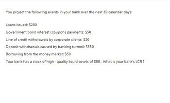 You project the following events in your bank over the next 30 calendar days:
Loans issued: $200
Government bond interest (coupon) payments: $50
Line of credit withdrawals by corporate clients: $20
Deposit withdrawals caused by banking turmoil: $350
Borrowing from the money market: $50
Your bank has a stock of high-quality liquid assets of $80. What is your bank's LCR?