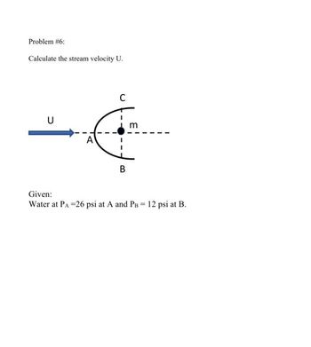 Problem #6:
Calculate the stream velocity U.
D
B
m
Given:
Water at PA-26 psi at A and PB = 12 psi at B.