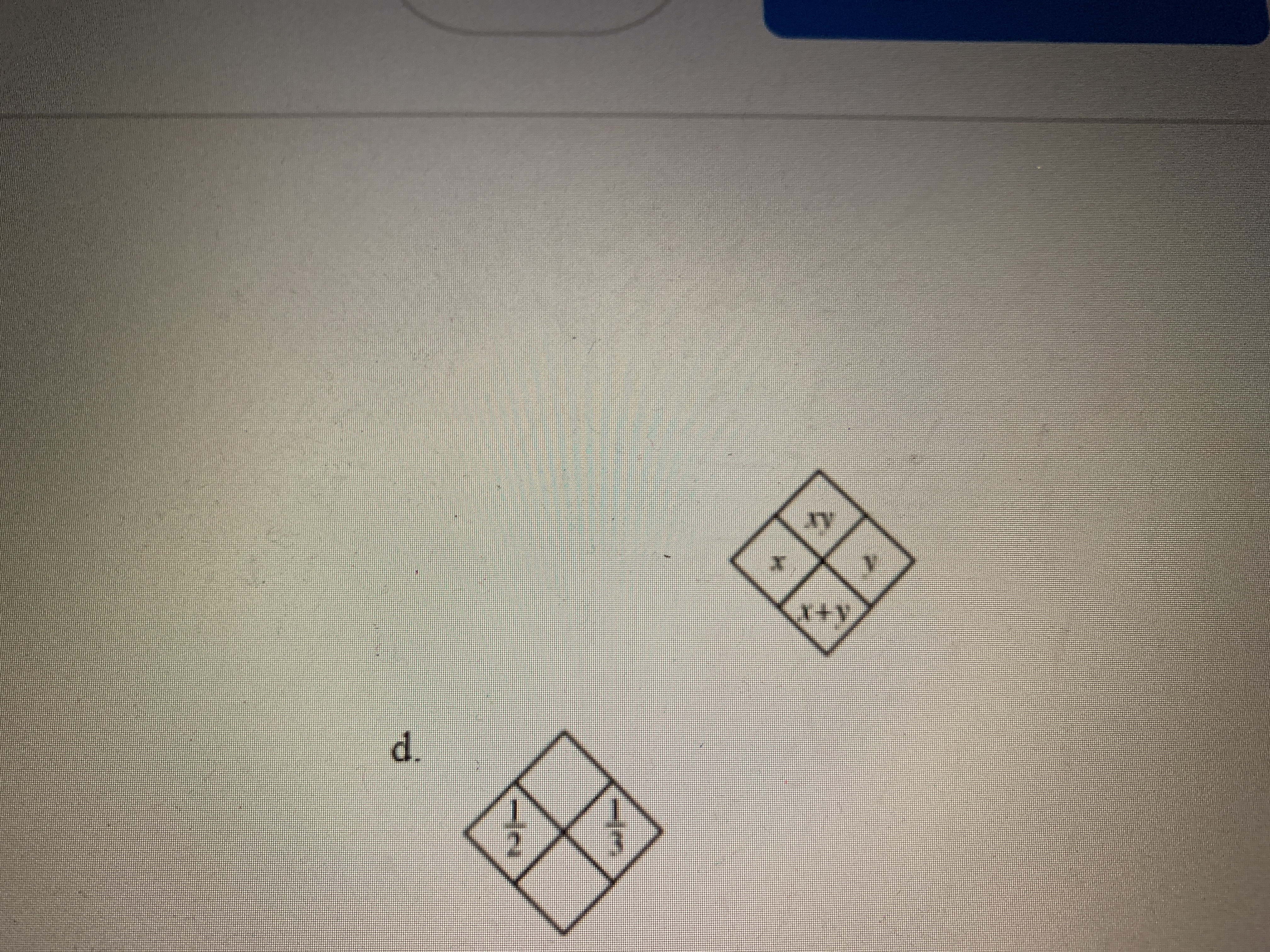 The image contains two diamond-shaped diagrams, each divided into four smaller sections. 

### Left Diamond Diagram:
- **Top Section:** Contains the number 2.
- **Bottom Section:** Contains the number 2.
- **Left Section:** Contains the number 1.
- **Right Section:** Contains the number 1.

### Right Diamond Diagram:
- **Top Section:** Contains the addition symbol (+).
- **Bottom Section:** Contains the subtraction symbol (-).
- **Left Section:** Contains the division symbol (÷).
- **Right Section:** Contains the multiplication symbol (×).

These diagrams might be used to help visualize arithmetic operations and number relationships in an educational context. The first diagram uses numbers to potentially illustrate a concept such as balancing or equation setup, while the second diagram focuses on basic arithmetic operations.