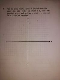 On the axes below, sketch a possible function
p(x) = (x-a)(x-b)(x+c), where a, b, andc are
positive, a > b, and p(x) has a positive y-intercept
of d. Label all intercepts.
8.
y
