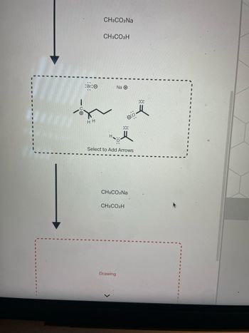 **Organic Chemistry Reaction Process**

In this educational resource, we present a reaction process that involves chemical compounds and stepwise transformations.

1. **Starting Materials:**
   - **Sodium Acetate (CH₃CO₂Na)**
   - **Acetic Acid (CH₃CO₂H)**

2. **Reaction Diagram:**

   - The diagram shows a reaction setup where a compound with the structure including a bromine (Br) group is interacting with sodium (Na⁺) and acetate ion (CH₃CO₂⁻).
   - The reactions indicated are targeting the conversion of the starting ester with a bromine substituent to form acetic acid and sodium acetate.

3. **Diagram Features:**

   - **Br⁻ (bromide)** is leaving, indicating a substitution or elimination reaction.
   - Sodium (Na⁺) is shown as a counterion in the reaction process.
   - **Double Arrows:** Implies the formation of a product or intermediate state.

4. **Outcome:**
   - The reaction should regenerate the sodium acetate (CH₃CO₂Na) and acetic acid (CH₃CO₂H) at the end of this transformation.

5. **Next Steps:**
   - This space is reserved for further details or diagrams.

The purpose of this layout is to visualize organic chemical transformations, focusing on the mechanisms involved. The diagram assists in understanding how functional groups interact and transform under certain conditions.