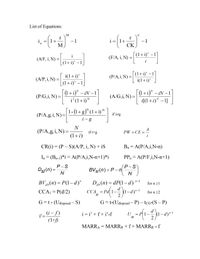 List of Equations:
M
i̟
1+
M
i=|1+
СК
-1
i-
-1
(1+i)* –1
N
i
-
(A/F, i, N) =
(F/A, i, N) =
(1+i)* – 1
(1+i)* – 1
i(1+i)*
i(1+i)*
(P/A, i, N) :
(A/P, i,N) =
_(1+i)" – 1
-
(1 +i)™ – iN – 1
(1+i)" – iN –1
-
-
-
(P/G,i, N):
(A/G,i, N) =
%3D
N
(1+i)
i[(1 +i)^ – 1]
1-(1+ g) (1+ i)*
N
(P/A,g, i, N)=
if itg
i -g
N
(P/A,g i, N)=
(1+i)
if i=g
А
PW — СЕ
CR(i) — (Р — S)(А/Р, і, N) + iS
Bn = A(P/A,i,N-n)
In = (Bn-1)*i= A(P/A,i,N-n+1)*i
PPn = A(P/F,i,N-n+1)
P-S
Ds/(n) =
Р-S
BVs/(n)=P – n
N
BV 45(n) = P(1–d)"
Da, (n) = dP(1– d)
n-1
for n>1
CA, = rd{1-4)a-
CCA1 = P(d/2)
ССА
(1-d)"-2
for n>2
G=t * (Udisposal – S)
G=t-(Udisposal – P) – tcG+(S – P)
-
d
i'= i- f)
(1+f)
i =i' +f+i'*f
n-1
U
n
2
MARRA = MARRR +f+ MARRR f
*
