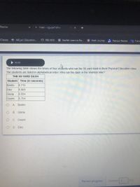 Realize
- Meet - vzg-patf-dhw
ydlasses &cboc35
a734bo7a172c62/content/168cr
Classes
* ABCya! | Education...
3 PBS KIDS
Starfall: Learn to Re...
Math Journey S Pearson Realize Trans
00:00
The following table shows the times of four students who ran the 50-yard dash in their Physical Education class.
The students are listed in alphabetical order. Who ran the dash in the shortest time?
THE 50-YARD DASH
Student Time (in seconds)
Benito
8.715
Eiko
8.669
Gloria
8.694
Osami
8.704
A. Benito
B. Gloria
C. Osami
D. Eiko
Review progress
Question 1
of 2
