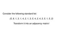 Consider the following standard list:
(5, 8, 1, 3, 1, 4, 2, 1, 3, 5, 4, 2, 4, 3, 5, 1, 5, 2)
Transform it into an adjacency matrix!
