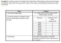 Example 2: A basket contains 10 red balls and 4 white balls. If three balls are taken from the basket
one after the other, determine the possible values of the random variable R representing the number
of red balls.
Steps
1. List of the sample space
Solution
S = {RRR, RRW, RWR, WRR, WWR,
WRW, RWW, WWW}
2. Count the number of red balls in each
outcome and assign this number to this
Outcome
Number of red
outcome.
balls
(Value of R)
RRR
3
RRW
2
RWR
2
WRR
2
WWR
1
WRW
1
RWW
1
www
3. Conclusion
The values of the random variable R
(number of red balls) in this experiment are
0, 1, 2 and 3.
