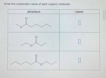 Write the systematic name of each organic molecule:
structure
in
سلمه
name
U
☐
Ο