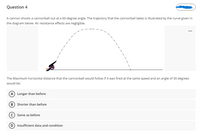 Question 4
A cannon shoots a cannonball out at a 60-degree angle. The trajectory that the cannonball takes is illustrated by the curve given in
the diagram below. Air resistance effects are negligible.
...
The Maximum horizontal distance that the cannonball would follow if it was fired at the same speed and an angle of 30 degrees
would be:
A) Longer than before
Shorter than before
Same as before
(D) Insufficient data and condition
