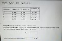 2 HgCl2 + C204²-→2 Cl* + Hg2Cl2 + 2 CO2
Initial Rate, M
Experiment
[HgCl]o, M
[C2042-]o, M
1
S
1
0.365
0.446
6.85x10-4
0.730
0.446
1.37×10-3
3
0.365
0.891
2.74x10-3
4
0.730
0.891
5.47x10-3
Complete the rate law for this reaction in the box below.
Use the form k[A]m[B]" , where '1' is understood for m or n and concentrations taken to the
zero power do not appear. Don't enter 1 for m or n.
Rate =
From these data, the rate constant is
M-2s-1.
