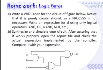 Home work: Logic Gates
a) Write a VHDL code for the circuit of figure below. Notice
that it is purely combinational, so a PROCESS is not
necessary. Write an expression for d using only logical
operators (AND, OR, NAND, NOT, etc.).
b) Synthesize and simulate your circuit. After assuring that
it works properly, open the report file and check the
actual expression implemented by the compiler.
Compare it with your expression.
a
D
Do
—d