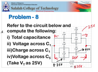 Ministry of Manpower
Directorate General of Technological Education
Salalah College of Technology
Zlectrical Inginearina
Problem - 8
Refer to the circuit below and
-25V
C2
N. compute the following:
i) Total capacitance
ii) Voltage across C,
iii)Charge across C,
iv)Voltage across C5
5 uF
C1
5 uF
5 uF
C4
5 uF
C6
5 uF
-16-65V.
C5
5 uF
(Take V, as 25V)
8-35V
VT 25V
