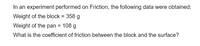 In an experiment performed on Friction, the following data were obtained:
Weight of the block = 358 g
Weight of the pan = 108 g
What is the coefficient of friction between the block and the surface?
