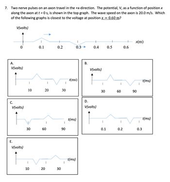 7. Two nerve pulses on an axon travel in the +x-direction. The potential, V, as a function of position x
along the axon at t = 0s, is shown in the top graph. The wave speed on the axon is 20.0 m/s. Which
of the following graphs is closest to the voltage at position x = 0.60 m?
V(volts)
x(m)
0
0.1
0.2
0.3
0.4
0.5
0.6
A.
V(volts)
V(volts)
E.
V(volts)
10
20
30
30
t(ms)
t(ms)
60
90
10
10
20
30
|
t(ms)
B.
V(volts)
D.
V(volts)
30
60
90
t(ms)
t(ms)
|
|
|
0.1
0.2
0.3