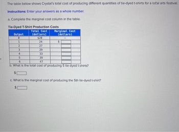 5
The table below shows Crystal's total cost of producing different quantities of tie-dyed t-shirts for a local arts festival.
Instructions: Enter your answers as a whole number.
a. Complete the marginal cost column in the table.
Tie-Dyed T-Shirt Production Costs
Total Cost
(dollars)
$20
24
Output
0
1
2
3
4
5
27
29
6
Marginal Cost
(dollars)
33
39
47
b. What is the total cost of producing 5 tie-dyed t-shirts?
$
c. What is the marginal cost of producing the 5th tie-dyed t-shirt?