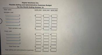 **Digital Solutions Inc.**

**Flexible Selling and Administrative Expenses Budget**

**For the Month Ending October 31**

---

**Total Sales**: 
- $400,000 
- $500,000 
- $600,000 

**Variable Cost:**
- [Dropdown Menu] $ [Input Box] $ [Input Box] $ [Input Box]
- [Dropdown Menu] $ [Input Box] $ [Input Box] $ [Input Box]
- [Dropdown Menu] $ [Input Box] $ [Input Box] $ [Input Box]

**Total Variable Cost:**
- $ [Input Box] $ [Input Box] $ [Input Box]

**Fixed Cost:**
- [Dropdown Menu] $ [Input Box] $ [Input Box] $ [Input Box]
- [Dropdown Menu] $ [Input Box] $ [Input Box] $ [Input Box]
- [Dropdown Menu] $ [Input Box] $ [Input Box] $ [Input Box]

**Total Fixed Cost:**
- $ [Input Box] $ [Input Box] $ [Input Box]

**Total Selling and Administrative Expenses:**
- $ [Input Box] $ [Input Box] $ [Input Box] 

---

This template outlines a flexible budget structure for analyzing selling and administrative expenses at varying levels of sales revenue. Users can input costs and calculate totals for variable and fixed expenses across different sales scenarios.