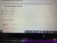 Class Activity (Inilation)
Calculator the Inflation rate for both years comparing between the months during the same year and different years.
NOVEMBER DECEMBER INFLATION
CPI
CPI
2013
326.230
425.672
2014 430.221
629.601.
Submission status
Submission
No attempt
status
Grading status
Not graded
Type here to search
hp
