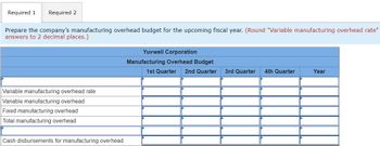 Required 1 Required 2
Prepare the company's manufacturing overhead budget for the upcoming fiscal year. (Round "Variable manufacturing overhead rate"
answers to 2 decimal places.)
Yuvwell Corporation
Manufacturing Overhead Budget
1st Quarter 2nd Quarter 3rd Quarter 4th Quarter
Year
Variable manufacturing overhead rate
Variable manufacturing overhead
Fixed manufacturing overhead
Total manufacturing overhead
Cash disbursements for manufacturing overhead