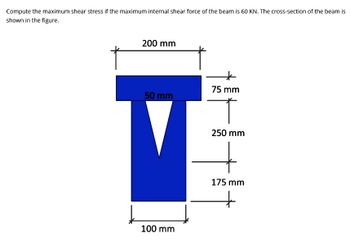 Compute the maximum shear stress if the maximum internal shear force of the beam is 60 KN. The cross-section of the beam is
shown in the figure.
200 mm
50 mm
T
100 mm
75 mm
250 mm
175 mm
+