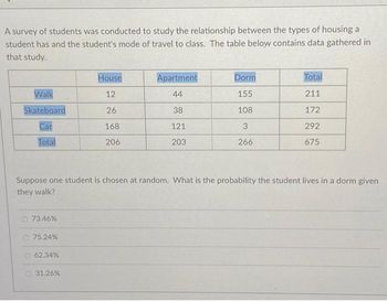 A survey of students was conducted to study the relationship between the types of housing a
student has and the student's mode of travel to class. The table below contains data gathered in
that study.
Walk
Skateboard
Car
Total
73.46%
75.24%
62.34%
House
12
26
168
206
31.26%
Apartment
44
38
121
203
Suppose one student is chosen at random. What is the probability the student lives in a dorm given
they walk?
Dorm
155
108
3
266
Total
211
172
292
675