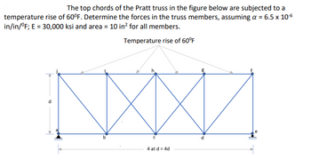 The top chords of the Pratt truss in the figure below are subjected to a
temperature rise of 60°F. Determine the forces in the truss members, assuming α = 6.5 x 10-6
in/in/°F; E = 30,000 ksi and area = 10 in² for all members.
d
Temperature rise of 60°F
b
C
4 at d = 4d