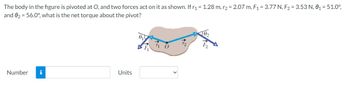 The body in the figure is pivoted at O, and two forces act on it as shown. If r₁ = 1.28 m, r₂ = 2.07 m, F₁ = 3.77 N, F₂ = 3.53 N, 0₁ = 51.0°,
and 0₂ = 56.0°, what is the net torque about the pivot?
Number i
Units
10