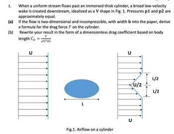 When a uniform stream flows past an immersed thick cylinder, a broad low-velocity
wake is created downstream, idealized as a V shape in Fig. 1. Pressures p1 and p2 are
approximately equal.
(a)
If the flow is two-dimensional and incompressible, with width b into the paper, derive
a formula for the drag force F on the cylinder.
(b)
1.
Rewrite your result in the form of a dimensionless drag coefficient based on body
F
pU²bL
length CD
U
=
O
L
Fig.1. Airflow on a cylinder
U
כ
U/2
L/2
L/2