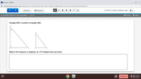 ### Transcription and Diagram Explanation for Educational Use

#### Problem Statement
Triangle \( DEF \) is similar to triangle \( ABC \).

#### Diagram Description
- **Triangle ABC**:
  - \( \angle A \) is labeled as 40°.
  - \( AB \) is the side adjacent to \( \angle A \).
  - \( BC \) is the base of the triangle, forming a right angle with \( AB \).

- **Triangle DEF**:
  - This triangle is not labeled with any angles but is similar to triangle \( ABC \), suggesting that the corresponding angles are equal.

#### Question
What is the measure, in degrees, of \( \angle F \)? Explain how you know.

#### Explanation
Since triangle \( DEF \) is similar to triangle \( ABC \), the corresponding angles in similar triangles are equal. This means:
- \( \angle F \) in triangle \( DEF \) is equal to \( \angle C \) in triangle \( ABC \).

To find \( \angle F \):
- The sum of angles in a triangle is always 180°.
- Triangle \( ABC \) has a known angle of 40° (\( \angle A \)) and a right angle (\( \angle B \) as 90°), so:
  \[
  \angle C = 180° - 90° - 40° = 50°
  \]
Therefore, \( \angle F = 50° \).

### Conclusion
The measure of \( \angle F \) is 50 degrees.