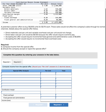 Contribution Margin Income Statement
Per Unit
$ 7.00
For Year Ended December 31
Sales (480,000 units)
Variable costs
Direct materials
Direct labor
Variable overhead
Contribution margin
Fixed costs
Fixed overhead
Fixed general and administrative
Income
1.52
0.38
0.70
4.40
0.30
0.20
$ 3.90
Required:
1. Compute income from the special offer.
2. Should the company accept or reject the special offer?
Required 1 Required 2
A potential customer offers to buy 58,000 units for $3.70 each. These sales would not affect the company's sales through its normal
channels. Details about the special offer follow.
Contribution margin
• Direct materials cost per unit and variable overhead cost per unit would not change.
• Direct labor cost per unit would be $0.56 because the offer would require overtime pay.
• Accepting the offer would require incremental fixed general and administrative costs of $5,800.
• Accepting the offer would require no incremental fixed overhead costs.
Fixed overhead
Fixed general and administrative
Income (loss)
Annual Total
$ 3,360,000
Complete this question by entering your answers in the tabs below.
729,600
182,400
336,000
2,112,000
< Required 1
144,000
96,000
$ 1,872,000
Compute income from the special offer. (Round your "Per Unit" answers to 2 decimal places.)
Special Offer Analysis
Per Unit
Total
Required 2 >