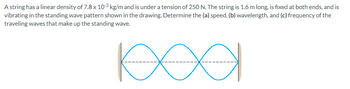 A string has a linear density of 7.8 x 10-³ kg/m and is under a tension of 250 N. The string is 1.6 m long, is fixed at both ends, and is
vibrating in the standing wave pattern shown in the drawing. Determine the (a) speed, (b) wavelength, and (c) frequency of the
traveling waves that make up the standing wave.
роо