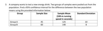 3. A company wants to test a new energy drink. Two groups of samples were pooled out from the
population. Find a 95% confidence interval for the difference between the two population
means using the provided information below:
Group
Sample Size
Standard Deviation
Sample Mean
(100-m running
speed in seconds)
Group A
45
125
10
Group B
60
140
8