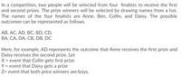 In a competition, two people will be selected from four finalists to receive the first and second prizes. The prize winners will be selected by drawing names from a hat. The names of the four finalists are Anne, Ben, Collin, and Daisy. The possible outcomes can be represented as follows:

AB, AC, AD, BC, BD, CD,  
BA, CA, DA, CB, DB, DC

Here, for example, AD represents the outcome that Anne receives the first prize and Daisy receives the second prize. Let  
X = event that Collin gets first prize  
Y = event that Daisy gets a prize  
Z = event that both prize winners are boys.