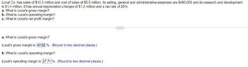 Local Co. has sales of $10.5 million and cost of sales of $5.5 million. Its selling, general and administrative expenses are $480,000 and its research and development
is $1.4 million. It has annual depreciation charges of $1.2 million and a tax rate of 25%.
a. What is Local's gross margin?
b. What is Local's operating margin?
c. What is Local's net profit margin?
a. What is Local's gross margin?
Local's gross margin is 47.62 %. (Round to two decimal places.)
b. What is Local's operating margin?
Local's operating margin is 27.71%. (Round to two decimal places.)