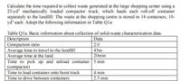 Calculate the time required to collect waste generated at the large shopping center using a
25-yd mechanically loaded compactor truck, which hauls each roll-off container
separately to the landfill. The waste at the shopping centre is stored in 14 containers, 10-
yd' each. Adopt the following information in Table Qla:
Table Qla. Basic information about collection of solid-waste characterization data.
Description
Compaction ratio
Average time to travel to the landfill
Average time at the land
Time to pick up and unload container 5 min
| (compactor)
Data
2.0
45m
20min
Time to load container onto hoist truck
4 min
Time to drive between containers
2.5 min
