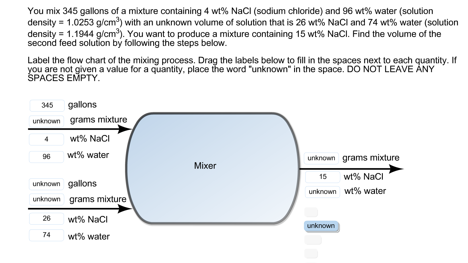 You mix 345 gallons of a mixture containing 4 wt% NaCl (sodium chloride) and 96 wt% water (solution
density = 1.0253 g/cm³) with an unknown volume of solution that is 26 wt% NaCl and 74 wt% water (solution
density = 1.1944 g/cm³). You want to produce a mixture containing 15 wt% NaCl. Find the volume of the
second feed solution by following the steps below.
Label the flow chart of the mixing process. Drag the labels below to fill in the spaces next to each quantity. If
you are not given a value for a quantity, place the word "unknown" in the space. DO NOT LEAVE ÁNY
SPACES EMPTY.
gallons
345
grams mixture
unknown
wt% NaCl
4
wt% water
96
unknown grams mixture
Mixer
wt% Naci
15
unknown gallons
unknown wt% water
unknown
grams mixture
26
wt% NaCl
unknown
74
wt% water
