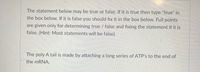 The statement below may be true or false. If it is true then type "true" in
the box below. If it is false you should fix it in the box below. Full points
are given only for determining true / false and fixing the statement if it is
false. (Hint: Most statements will be false).
The poly A tail is made by attaching a long series of ATP's to the end of
the mRNA.
