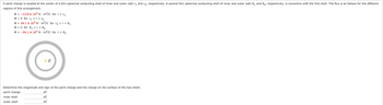 A point charge is located at the center of a thin spherical conducting shell of inner and outer radii ₁ and 2, respectively. A second thin spherical conducting shell of inner and outer radii R₁ and R2, respectively, is concentric with the first shell. The flux is as follows for the different
regions of this arrangement.
= -13.8 x 10³ Nm²/C for r<r₁
= 0 for r₁ <r < r₂
= 34.1 x 10³ N·m²/C for r₂ <r < R₁
= 0 for R₁ <r < R₂
= -34.1 x 103 Nm²/C for r > R₂
Determine the magnitude and sign of the point charge and the charge on the surface of the two shells.
μC
point charge
inner shell
outer shell
99