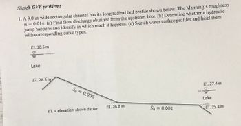 Sketch GVF problems
1. A 9.0 m wide rectangular channel has its longitudinal bed profile shown below. The Manning's roughness
n = 0.014. (a) Find flow discharge obtained from the upstream lake. (b) Determine whether a hydraulic
jump happens and identify in which reach it happens. (c) Sketch water surface profiles and label them
with corresponding curve types.
El. 30.5 m
?
Lake
El. 28.3 m,
So = 0.005
El. elevation above datum
El. 26.8 m
So = 0.001
El. 27.4 m
2
Lake
El. 25.3 m