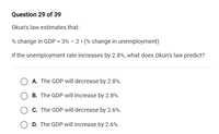 **Question 29 of 39**

Okun's law estimates that:

% change in GDP = 3% − 2 ⋅ (% change in unemployment)

If the unemployment rate increases by 2.8%, what does Okun's law predict?

- **A.** The GDP will decrease by 2.8%.
- **B.** The GDP will increase by 2.8%.
- **C.** The GDP will decrease by 2.6%.
- **D.** The GDP will increase by 2.6%.