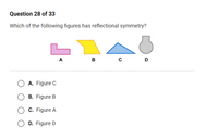 Question 28 of 33
Which of the following figures has reflectional symmetry?
A
B
D
A. Figure C
B. Figure B
C. Figure A
D. Figure D
