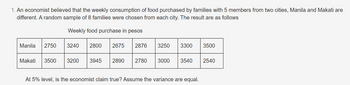 1. An economist believed that the weekly consumption of food purchased by families with 5 members from two cities, Manila and Makati are
different. A random sample of 8 families were chosen from each city. The result are as follows
Weekly food purchase in pesos
Manila 2750
3240
2800 2675 2876
Makati 3500 3200 3945 2890 2780
3250
3300 3500
3000 3540 2540
At 5% level, is the economist claim true? Assume the variance are equal.