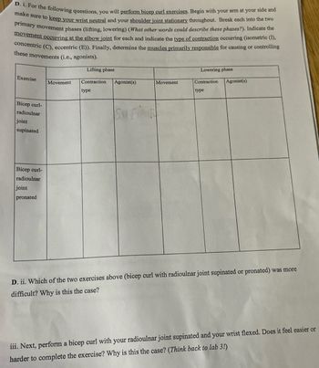 D. i. For the following questions, you will perform bicep curl exercises. Begin with your arm at your side and
make sure to keep your wrist neutral and your shoulder joint stationary throughout. Break each into the two
primary movement phases (lifting, lowering) (What other words could describe these phases?). Indicate the
movement occurring at the elbow joint for each and indicate the type of contraction occurring (isometric (I),
concentric (C), eccentric (E)). Finally, determine the muscles primarily responsible for causing or controlling
these movements (i.e., agonists).
Exercise
Bicep curl-
radioulnar
joint
supinated
Bicep curl-
radioulnar
joint
pronated
Lifting phase
Movement Contraction
type
Agonist(s)
Su
Movement
Lowering phase
Contraction
type
Agonist(s)
D. ii. Which of the two exercises above (bicep curl with radioulnar joint supinated or pronated) was more
difficult? Why is this the case?
iii. Next, perform a bicep curl with your radioulnar joint supinated and your wrist flexed. Does it feel easier or
harder to complete the exercise? Why is this the case? (Think back to lab 3!)