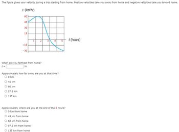 The figure gives your velocity during a trip starting from home. Positive velocities take you away from home and negative velocities take you toward home.
v (km/hr)
60
45
45 km
O 60 km
O 97.5 km
O 135 km
30
15
-15
-30
1
2
When are you farthest from home?
t =
hr
3
st
4
Approximately how far away are you at that time?
O 0 km
5
Approximately where are you at the end of the 5 hours?
O 0 km from home
O 45 km from home
60 km from home
O 97.5 km from home
O 135 km from home
t (hours)