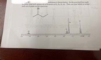 3. The H NMR spectrum 101 2-bromobutane is shown below. On the provided line angle
formula, label each unique set of H atoms as Ha, Hb, Hc, etc. Then, use your labels to assign
each set of peaks on the spectrum.
Br
4.5
Tip
1H
illu
4.0
3.5
3.0
2.5
2.0
2H
3H
1.5
3H
1.0 PPM
0.5