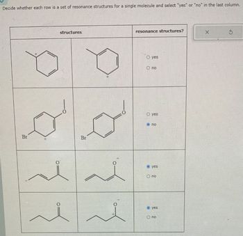 Decide whether each row is a set of resonance structures for a single molecule and select "yes" or "no" in the last column.
Br
structures
Br
resonance structures?
Oyes
О по
O yes
no
yes
• по
Oyes
no