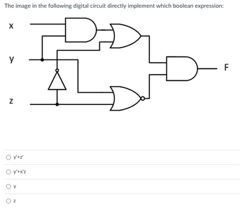 The image in the following digital circuit directly implement which boolean expression:
X
y
N
○ y'+z'
○ y'+x'z
Z
FL