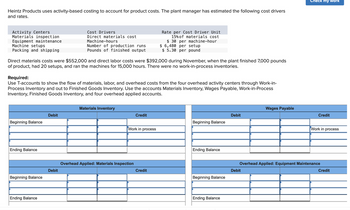 Heintz Products uses activity-based costing to account for product costs. The plant manager has estimated the following cost drivers
and rates.
Activity Centers
Materials inspection
Equipment maintenance
Machine setups
Packing and shipping
Direct materials costs were $552,000 and direct labor costs were $392,000 during November, when the plant finished 7,000 pounds
of product, had 20 setups, and ran the machines for 15,000 hours. There were no work-in-process inventories.
Beginning Balance
Required:
Use T-accounts to show the flow of materials, labor, and overhead costs from the four overhead activity centers through Work-in-
Process Inventory and out to Finished Goods Inventory. Use the accounts Materials Inventory, Wages Payable, Work-in-Process
Inventory, Finished Goods Inventory, and four overhead applied accounts.
Ending Balance
Beginning Balance
Ending Balance
Cost Drivers
Direct materials cost
Machine-hours
Number of production runs
Pounds of finished output
Debit
Debit
Materials Inventory
Credit
Work in process
Overhead Applied: Materials Inspection
Rate per Cost Driver Unit
15% of materials cost
$ 30 per machine-hour
$ 6,480 per setup
$5.30 per pound
Credit
Beginning Balance
Ending Balance
Beginning Balance
Ending Balance
Debit
Wages Payable
Debit
Check my wor
Credit
Work in process
Overhead Applied: Equipment Maintenance
Credit