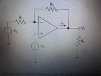 ### Circuit Description

The diagram is an operational amplifier (op-amp) circuit with the following components and connections:

- **Voltage Sources:**
  - \( V_1 \): Connected to the inverting input through resistor \( R_1 \).
  - \( V_2 \): Connected to the non-inverting input.

- **Resistors:**
  - \( R_1 \): Connects \( V_1 \) to the inverting input.
  - \( R_2 \): Feedback resistor connecting the output \( V_o \) back to the inverting input.
  - \( R_L \): Load resistor connected to the output \( V_o \).

- **Operational Amplifier:**
  - Standard symbol for an op-amp with a non-inverting (\(+\)) and an inverting (\(-\)) input.
  - The output voltage is labeled as \( V_o \).
  - The current flowing out of the op-amp is \( I_o \).

### Objective

The task associated with the circuit is to determine the op-amp's output current \( I_o \).

This configuration is typical in linear amplifier applications, where the relationship between inputs \( V_1\), \( V_2\), and output \( V_o\) can be analyzed using principles of superposition and op-amp characteristics (ideal conditions: infinite open-loop gain, infinite input impedance, zero output impedance).