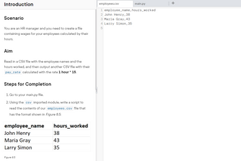 Introduction
Scenario
You are an HR manager and you need to create a file
containing wages for your employees calculated by their
hours.
Aim
Read in a CSV file with the employee names and the
hours worked, and then output another CSV file with their
pay_rate calculated with the rate 1 hour * 15.
Steps for Completion
1. Go to your main.py file.
2. Using the csv imported module, write a script to
read the contents of our employees.csv file that
has the format shown in Figure 8.5:
employee_name
John Henry
Maria Gray
Larry Simon
Figure 8.5
hours_worked
38
43
35
main.py
1 employee_name, hours_worked
2 John Henry, 38
3 Maria Gray, 43
4 Larry Simon, 35
5
employees.csv
+